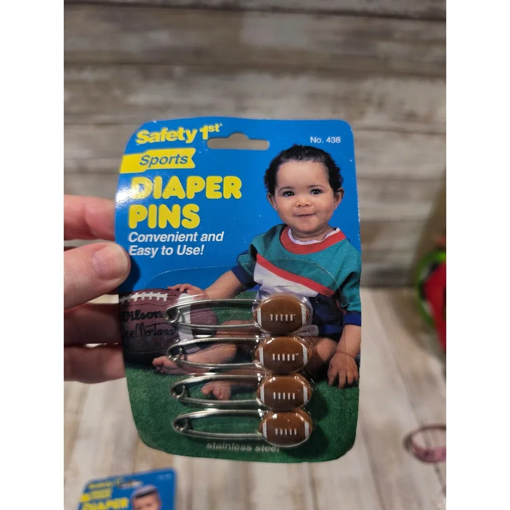 Vintage 1993 Safety 1st Sports Diaper Pins Baseball Football 2 Packs No 438 READ - Picture 2 of 5